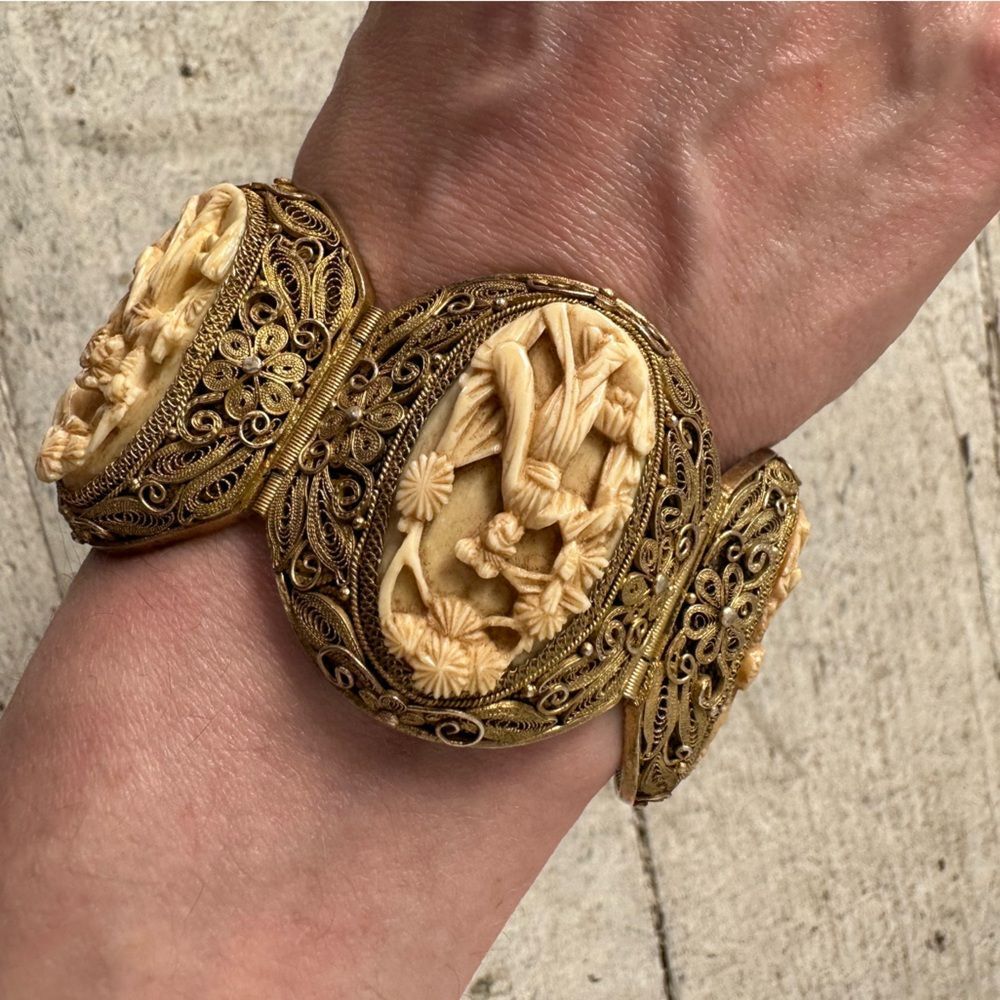 Antique Filigree Silver Gold Gilded Asian Carving Panel Bracelet